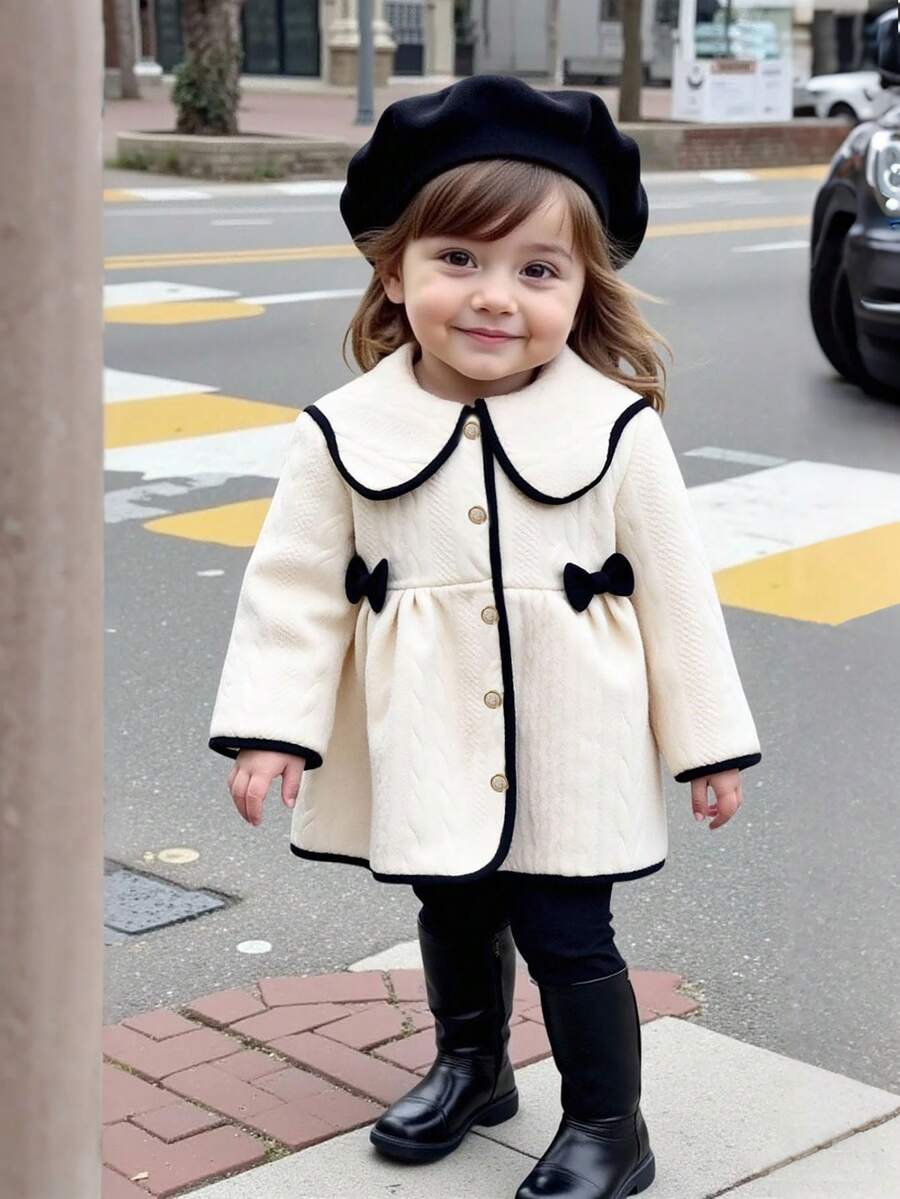 Robe de fille tout-petit à col contrasté, nœud papillon et texture de tissu mignonne. Convient pour le printemps, l'automne, l'hiver, l'intérieur, l'extérieur, la rentrée scolaire, les fêtes et le port quotidien - Multicolore - Voir 1
