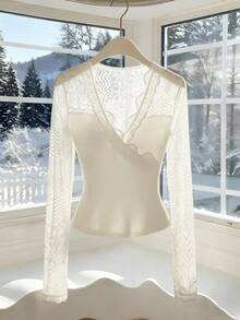 Qadelle Lace Patchwork V-Neck Elegant Refined High-End Fitted Women Top - White - View 1