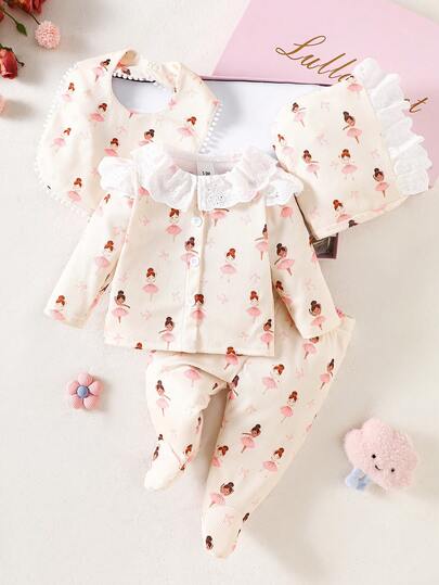 SHEIN Adorable Ballet Newborn Baby Gift Set, Featuring Playful Ballet Girl Patterns, Coordinated With Matching Hat, Bib And Leg Warmers, Delicate Bow Design, Soft And Skin-Friendly Material