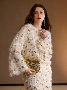 MOTF PREMIUM 2PCS/SET MINIMALIST SEQUIN FUZZY TOP AND SKIRT SET, AUTUMN/WINTER - Apricot - View 5