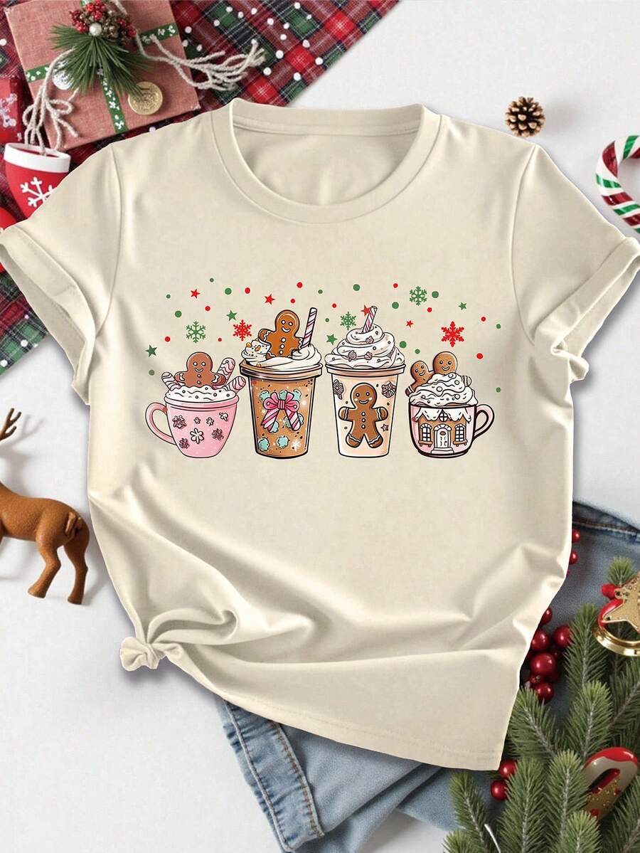 EMERY ROSE Christmas Coffee Gingerbread Printed Casual Plus Size T-Shirt - Beige - View 1