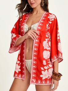 CAJUNI Women's Floral Print Open Front Loose Kimono Cover Up, Suitable For Summer Vacation,Christmas - Red and White - View 5