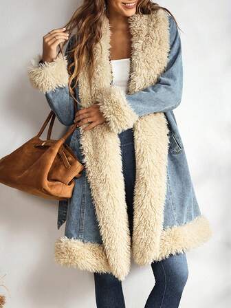 EMERY ROSE Women's Fashionable Fuzzy Patchwork Denim Jacket, Autumn/Winter