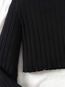 SHEIN 青少年女孩黑色针织喇叭袖上衣和开衩下摆格子裙套装，基本款和百搭款，休闲学院风服装，少女服装，开学季 - 黑色 - 查看 6