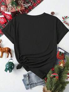 SHEIN EZwear 休闲简约风2026新年快乐标语仿箔印花宽松圆领短袖女式T恤，适合节日、新年、跨年派对等场合。 - 黑色 - 查看 2