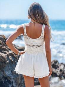Sylviya Women's Off-White Embroidered High Waisted Shorts,Boho Summer Beach Holiday Fabric,Suitable For Daily Wear, Dates,Music Festivals Vacation - White - View 2