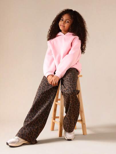 SUMWON Pantalones casuales de pierna ancha con estampado de leopardo para niñas, estilo palazzo de tiro alto