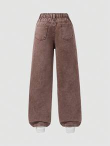 SHEIN ChillGRL Quần jeans ống đứng cạp chun có túi phẳng phong cách Y2K cho bé gái tuổi teen, quần jeans rộng màu nâu dễ thương, thích hợp mặc hàng ngày. - Cà phê nâu - Xem 2