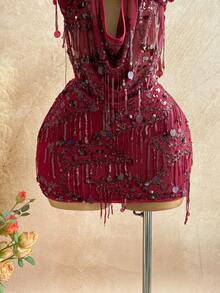 Soleia 2 件合身闪亮流苏亮片垂坠领吊带背心和迷你裙套装，适合音乐节、派对、中国红、年会、圣诞节、万圣节 - 酒紅色 - 查看 4