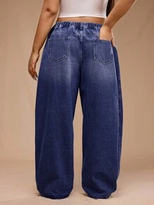 SHEIN Forever 21 Quần jean ống loe dáng rộng, túi hộp, dễ mặc, đa năng, size lớn dành cho nữ - Màu xanh hải quân - Xem 2