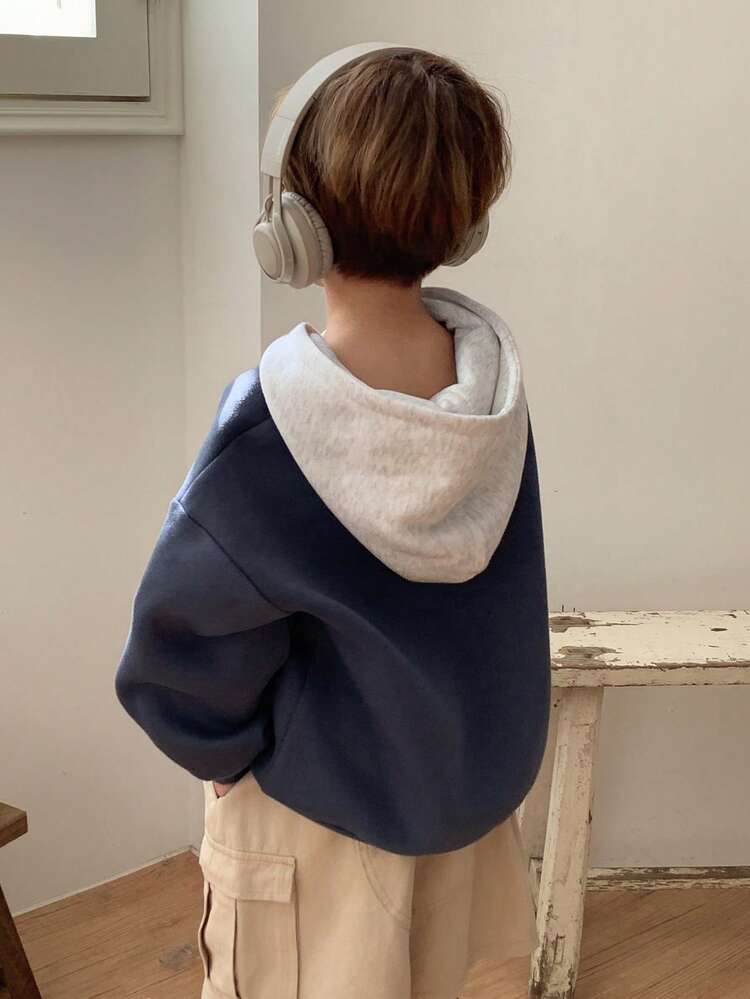 DAZY 男童标语印花撞色长袖休闲宽松卫衣，秋冬款 - 藍色 - 查看 3