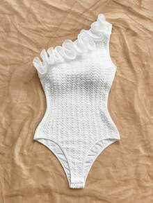 Soleia Body con un hombro con volantes exagerados para mujer, adecuado para fiestas, vacaciones, citas, tardes de té, vacaciones, festivales de música, playa, atuendo de verano, estilo bohemio, vacaciones, ganchillo, lino - Blanco - Ver 4