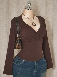 SHEIN ICON 女式加大码秋冬植物系列甜心领褶饰棕色长袖 T 恤 - 棕色 - 查看 12