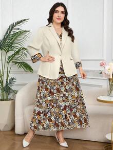 Modelyn 秋冬大码碎花拼布西装外套和连衣裙套装 - 棕色 - 查看 5