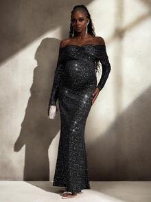 Cheriluna Maternity 孕妇写真连衣裙，长袖露肩双层设计，中后腰褶饰，修身金属面料长裙 - 黑色 - 查看 5