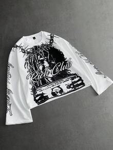 PAVTROS 男士街头风格图案 T 恤，嘻哈人物与深色街头服饰图案，适合音乐节、休闲外出、男朋友/丈夫礼物、周年纪念礼物、喇叭袖长袖 T 恤 - 黑與白 - 查看 3