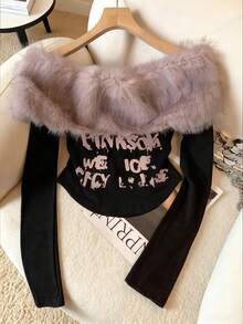 Resyla Off Shoulder Fuzzy Collar Letter Print T-Shirt - Black - View 1