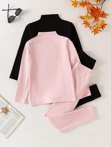 SHEIN 4pcs Girls' Minimalist Black & White Fleece Long Sleeve Top And Pants 4-Piece Pajama Set, Autumn/Winter - Multicolor - View 3