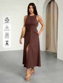 SHEIN Tall فستان قطني بدون أكمام أحادي الصدر كاجوال بني اللون - بني - مشاهدة 5