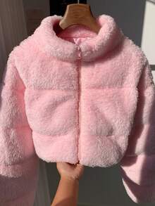 Comfortcana Áo khoác cắt gấu giả lông cừu màu trơn dành cho nữ, Thu/Đông - Hồng - Xem 5