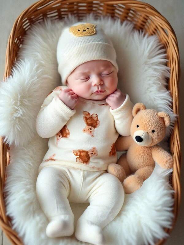SHEIN 2pcs Newborn Baby Outfit, Cute Bear Design Monk Robe Top + Hat