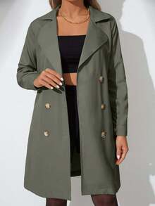 Women's Solid Color Double-Breasted Belted Long Sleeve Trench Coat - Olive Green - View 3
