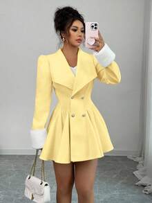 Selianne 女士貂皮翻领袖口腰部 A 字型优雅日常通勤厚羊毛大衣 - 黃色 - 查看 6