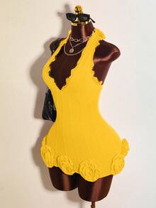 Mistrie Váy cổ yếm họa tiết hoa 3D ren tương phản gợi cảm dành cho nữ, mùa hè - Màu vàng - Xem 3