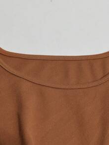 GlowEve Women's Brown Vintage Knit Top Paired With Woven Pleated Midi Skirt, Round Neck Long Sleeve, Metal Button Belt, Elegant Fitted Dress For Commute, Autumn/Winter - Brown - View 4