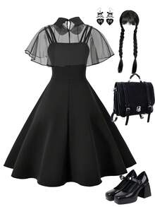 Bộ 2 khăn choàng lưới cổ lọ + váy dây mảnh cho bé gái, trang phục thường ngày mùa hè - màu đen - Xem 2