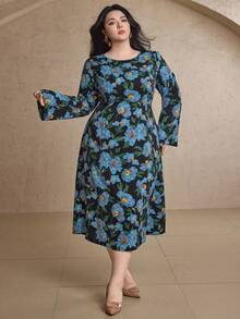 Dazy Plus Plus Size Women Floral Print Long Sleeve Dress, High-End Fitted Formal Gown Dress Boho - Blue - View 6