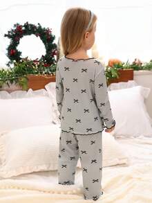 SHEIN 2pcs/Set Baby Girl Infant Toddler 0-3Y New Cute Sweet Casual Daily Graphic Bow Ribbed Knit Round Neck Long Sleeve Fitted Tee And Slim Fit Pants Set, Suitable For Home Wear
