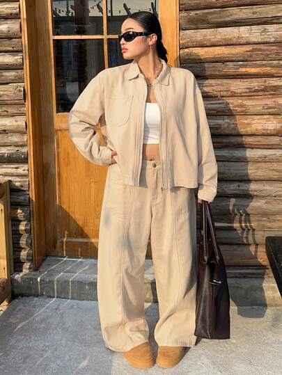 Dazy Plus Bộ trang phục denim nữ cỡ lớn 2 món, áo khoác lửng có túi và quần jean ống đứng, phong cách đường phố