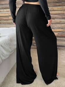 Dazy Plus Plus Size Women Elastic Waist Drawstring Straight Leg Sleepwear Bottoms, Solid Color Lounge Pants, For Fall & Winter