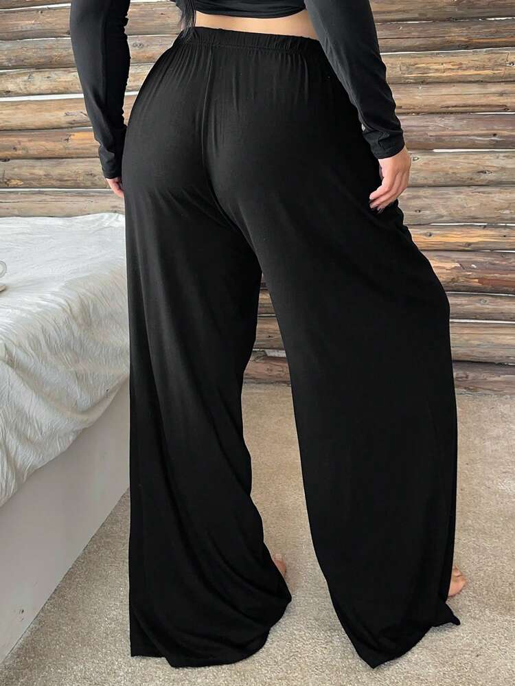 Dazy Plus Plus Size Women Elastic Waist Drawstring Straight Leg Sleepwear Bottoms, Solid Color Lounge Pants, For Fall & Winter