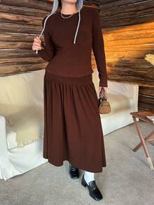 Dazy Plus 2 pièces/Set T-shirt à col rond ajusté élastique décontracté et jupe longue, style de rue grande taille pour femmes, ensembles de détente printemps/automne pour femmes - Tabac - Voir 8