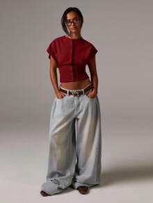 Athîral 女士纯色修身短款针织开衫背心，前扣设计，秋冬装 - 紅色 - 查看 3