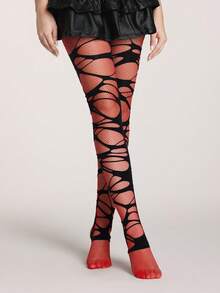 ROMWE Grunge Punk 套装包含：1 双极简主义红色钻石网眼袜 + 1 双破洞黑色连裤袜，Y2K 风格连裤袜叠穿组合套装，日常百搭半透明性感弹力连裤袜 - 彩色 - 查看 2