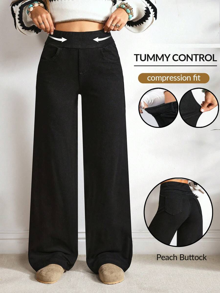 EMERY ROSE Damen Schlank geschnittene einfarbige gerade geschnittene weite Jeans - Schwarz - Übersicht 1