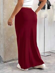 SHEIN EZwear 圣诞酒红色长款紧身大码半身裙 - 酒紅色 - 查看 2