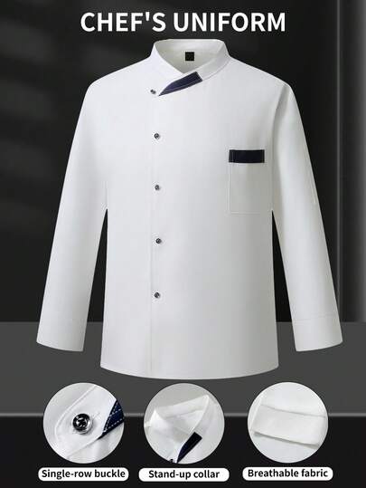 Manfinity Homme Camisa de chef de manga larga con botones y bolsillo de color contrastante para hombres, chaqueta de chef de cuello blanco, uniforme de chef para hombres, camisa de chef blanca, chaqueta de chef para hombres