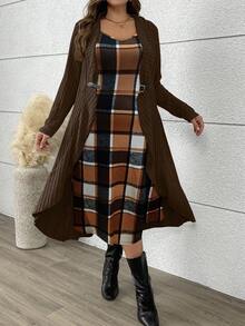 EMERY ROSE Plus Size Women Plaid Slip Dress + Asymmetrical Ribbed Cardigan 2-Piece Set, Casual Outerwear For Autumn/Winter Fall - Multicolor - View 7