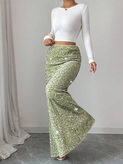 SHEIN Elenzya Women's Light Green Velvet Sequin Elegant Glamorous Bodycon Mermaid Skirt, Suitable For 20-35+ Years Old, Formal Party/Evening Wear, Valentine's Day