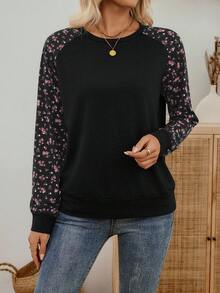 SHEIN LUNE 女式花卉印花纯色拼布休闲圆领长袖运动衫 - 黑色 - 查看 3