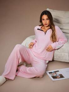 Lazeform 女士休闲撞色拼接半拉链领长袖上衣和阔腿裤家居服套装 粉色针织睡衣套装 粉色睡衣套装，冬季服装 - 粉色 - 查看 7