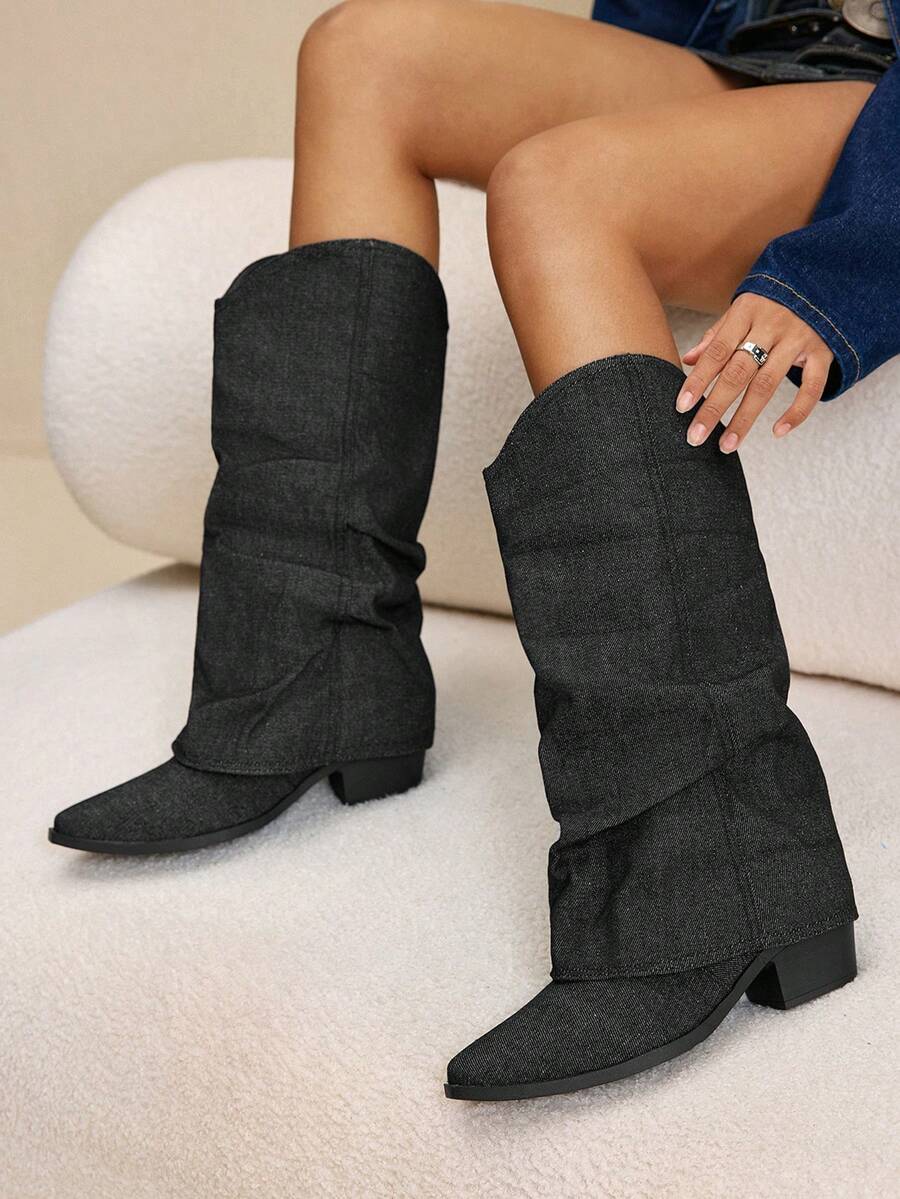 Daringsoles Women's Pointed Toe Western Style Ruched Chunky Heel Boots For Christmas