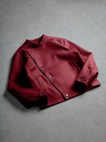 Manfinity EMRG Men's Oblique Button Long Sleeve Jacket, Asymmetrical Button Design Casual Jacket, Recommended Gift, Suitable For Husband, Boyfriend, Friend Red Varsity Jacket Red Leather Jacket Cropped Men Jacket Cropped Zip Up Men Jacket - Red - View 6