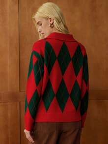 Elnivra Áo len chui đầu tay dài cổ polo kiểu Pháp, họa tiết kim cương, thiết kế cài nửa nút, màu kaki, dành cho nữ, mùa thu/đông - Đỏ - Xem 2