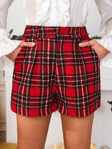 SHEIN Clasi Quần short kẻ caro Giáng sinh thời trang dành cho nữ - Màu Đỏ Sâu - Xem 3