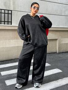 Muchica Plus Size Women Black Dropped Shoulder Long Sleeve Hoodie And Wide Leg Pants Casual Loose 2 Pieces Set/Winter - Black - View 6